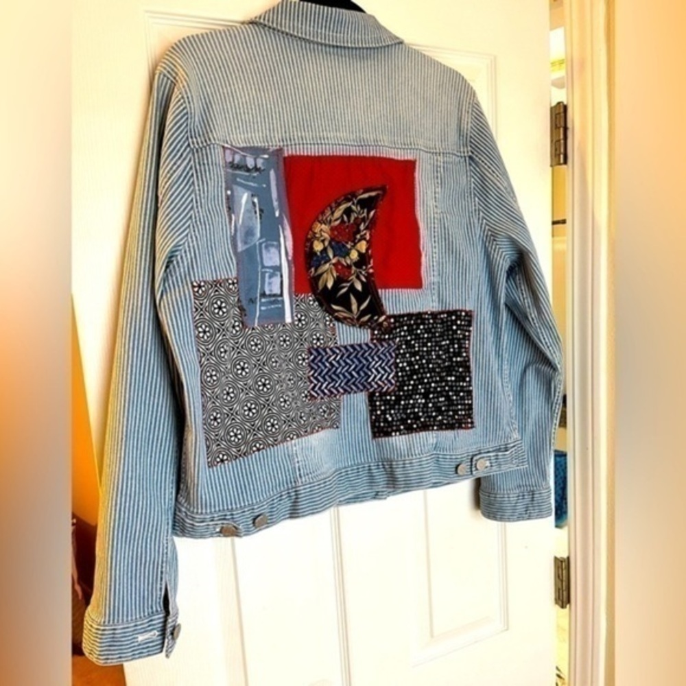 Handmade OOAK Upcycled Blue Flower Moon Celestial Wabi Sabi Patch Denim Jacket 5 - Picture 1 of 12